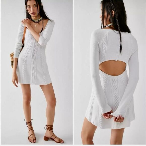 NEW Free People Small World Mini Dress Cable Knit Cutout Off White Size S - Picture 1 of 16